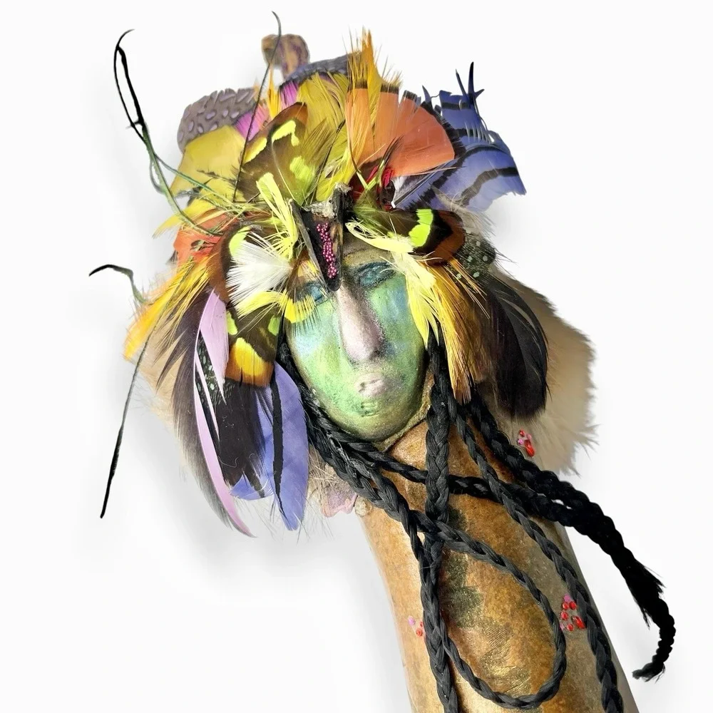 Native American Gourd Spirit Doll Mask Art Feathers Fur Vintage